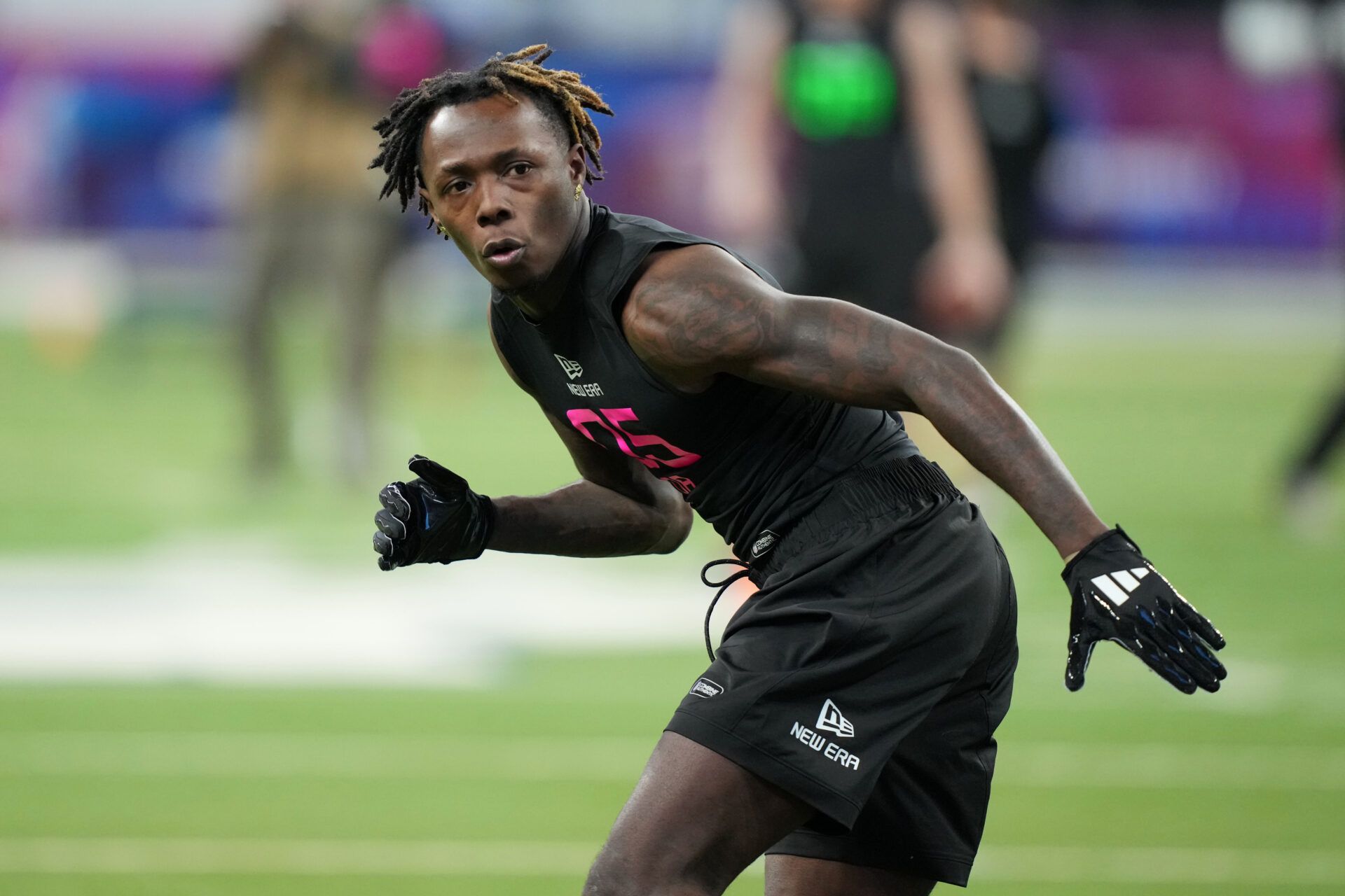 Kansas defensive back Cobee Bryant (DB05) participates in drills during the 2025 NFL Combine at Lucas Oil Stadium.