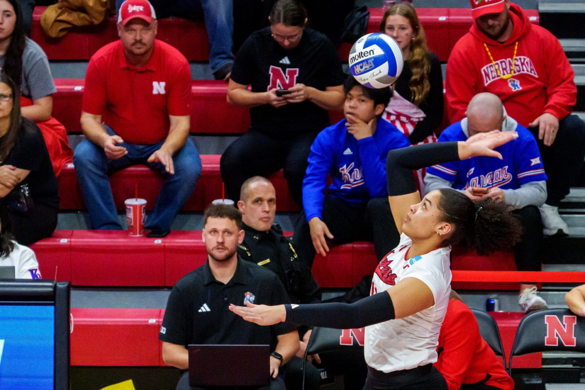 Nebraska Cornhuskers outside hitter Teraya Sigler (11) serves against the Kansas Jayhawks during the second set at Bob Devaney Sports Center.