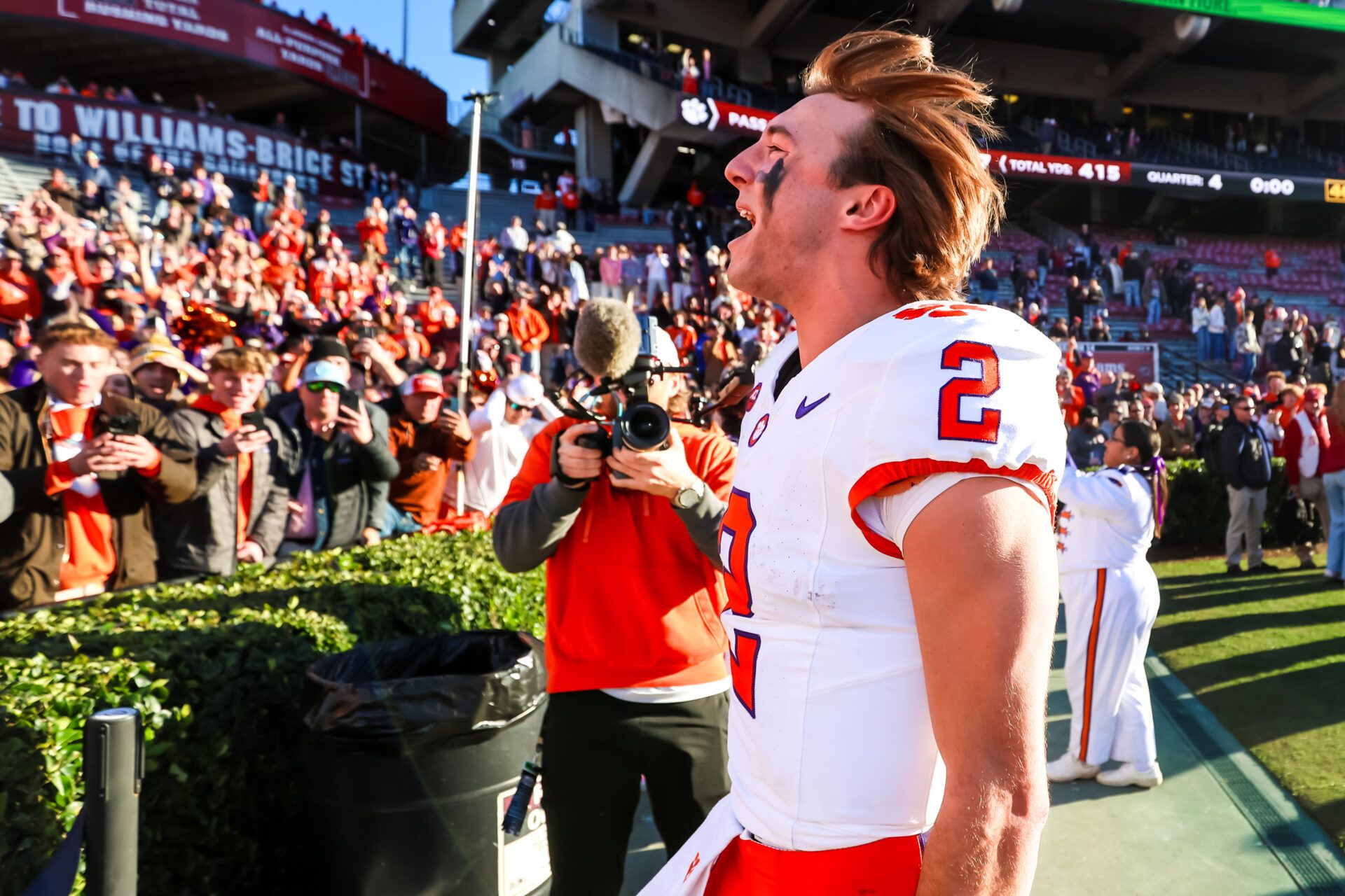 Clemson Tigers quarterback Cade Klubnik (2) celebrates following the Tigers 28-14 win over the South Carolina Gamecocks at Williams-Brice Stadium.
