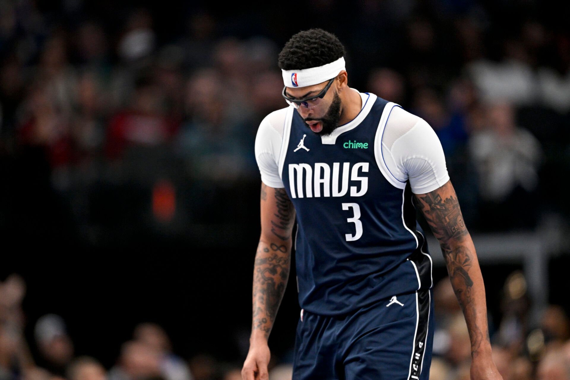 Dallas Mavericks forward Anthony Davis (3) walks back up the court during the second half against the Brooklyn Nets at the American Airlines Center.