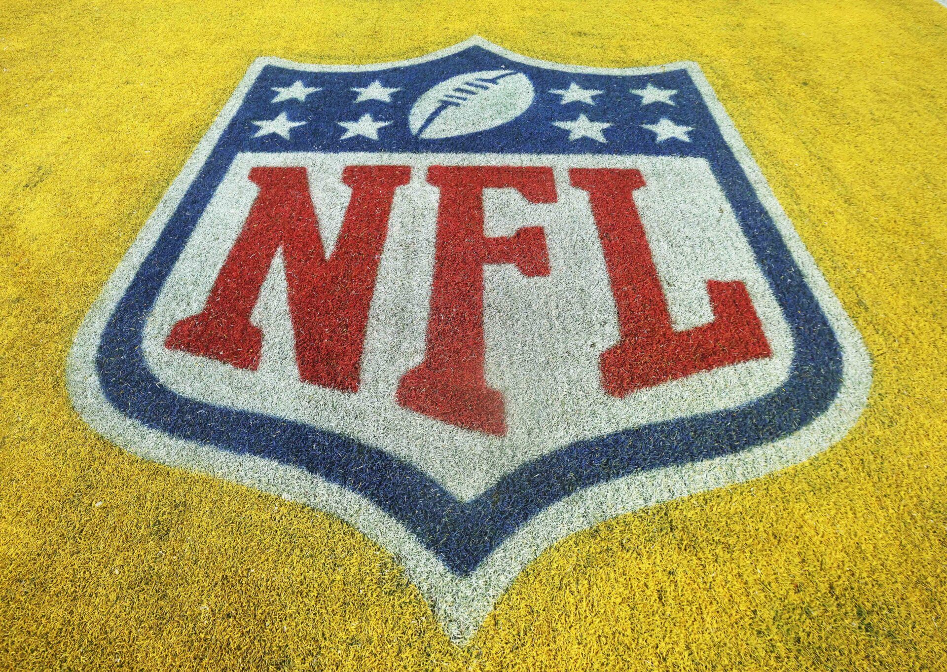National  Football League shield logo in the end zone of Acrisure Stadium before the Pittsburgh Steelers host the Miami Dolphins.