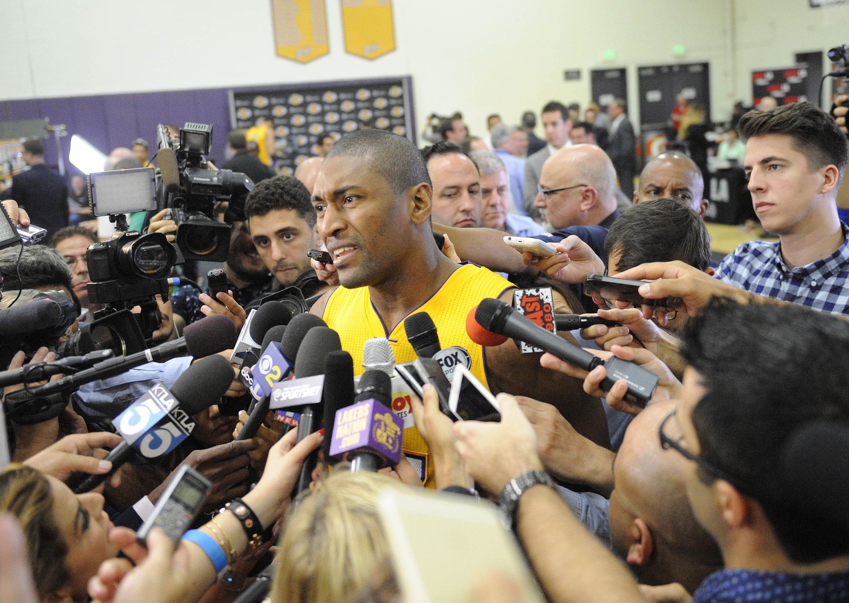 Los Angeles Lakers forward Metta World Peace speaks to press during media day at Toyota Sports Center.