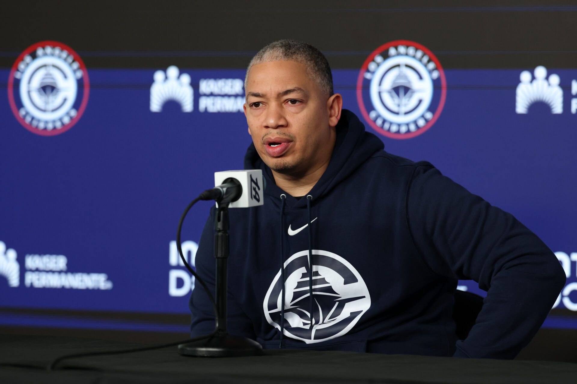 Los Angeles Clippers Head Coach Tyronn Lue speaks to media prior to a game against the Memphis Grizzlies at Intuit Dome.
