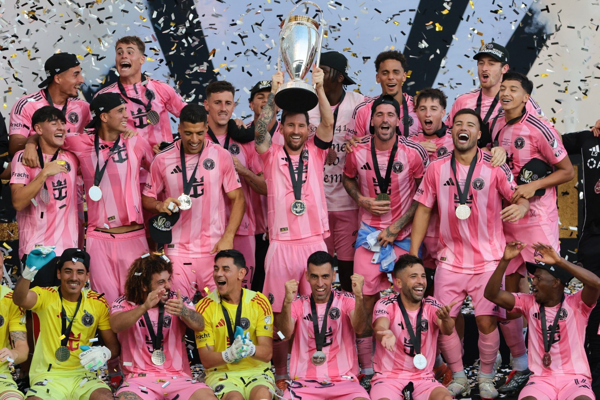 Inter Miami forward Lionel Messi (10) lifts the Philip F. Anschutz trophy after winning the 2025 MLS Cup against the Vancouver Whitecaps FC at Chase Stadium.