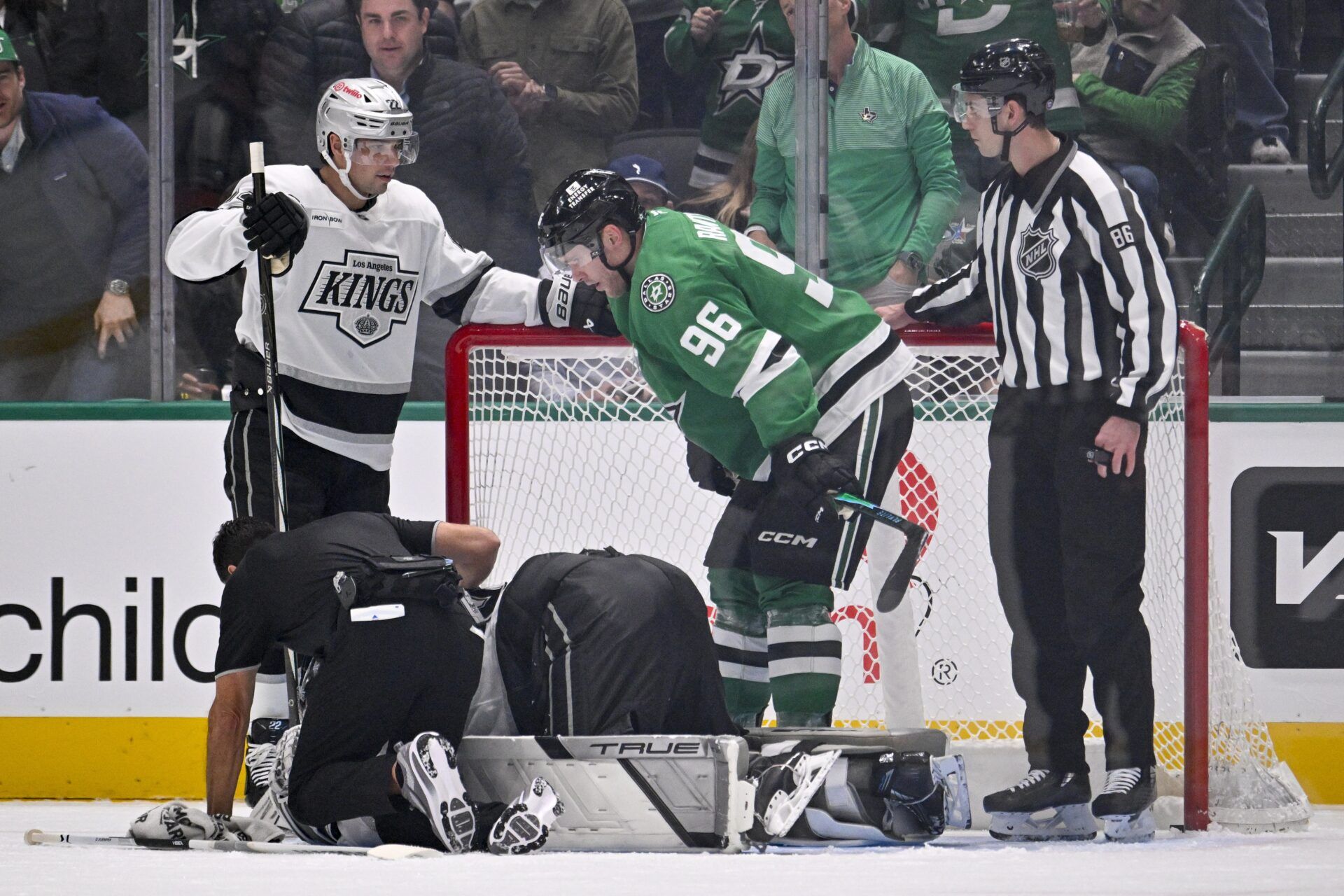 Dallas Stars right wing Mikko Rantanen (96) checks on Los Angeles Kings goaltender Darcy Kuemper (35) during the first period at the American Airlines Center.