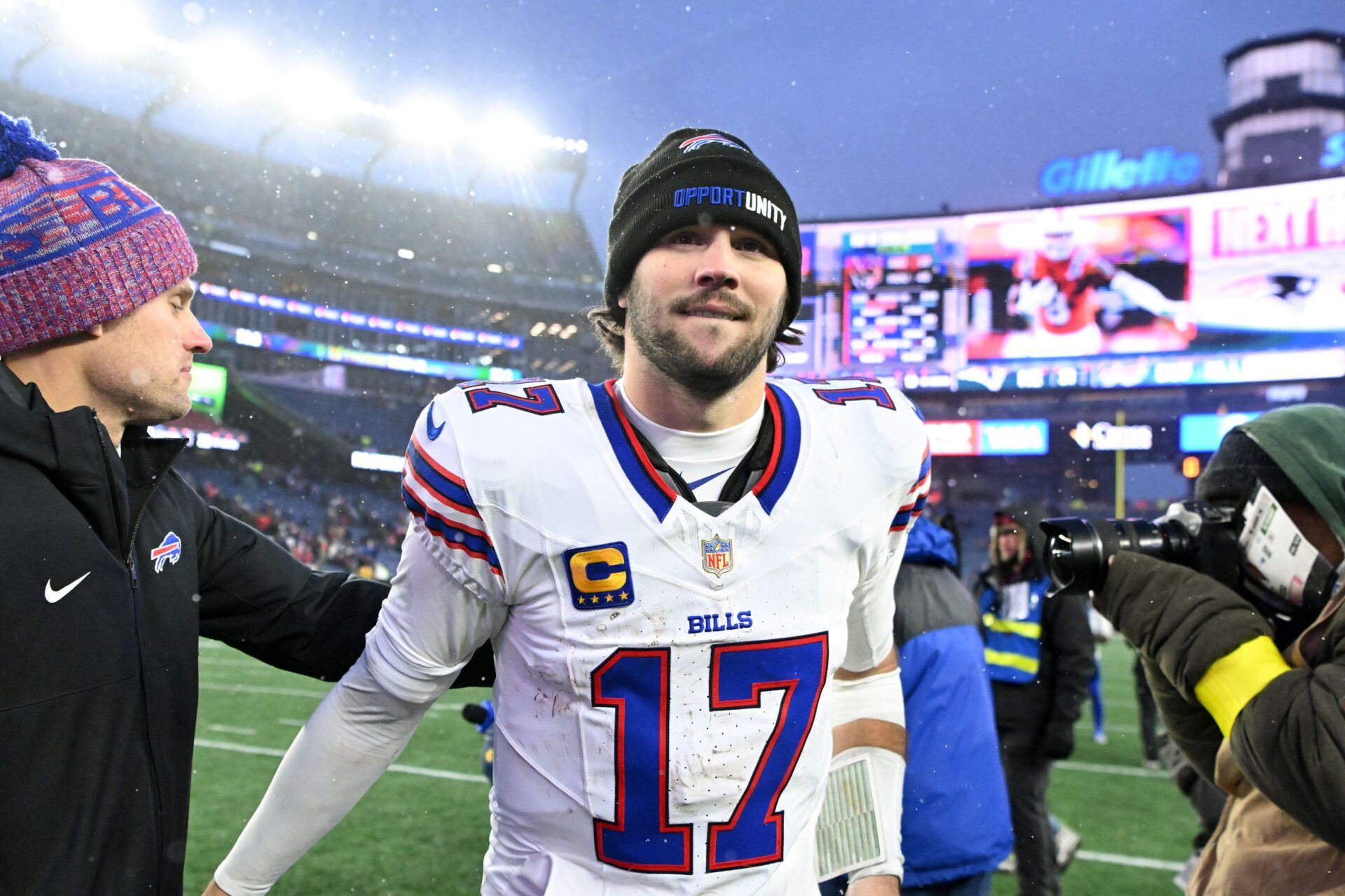 Buffalo Bills quarterback Josh Allen (17) walks off of the field after a game against the New England Patriots during the second half at Gillette Stadium.