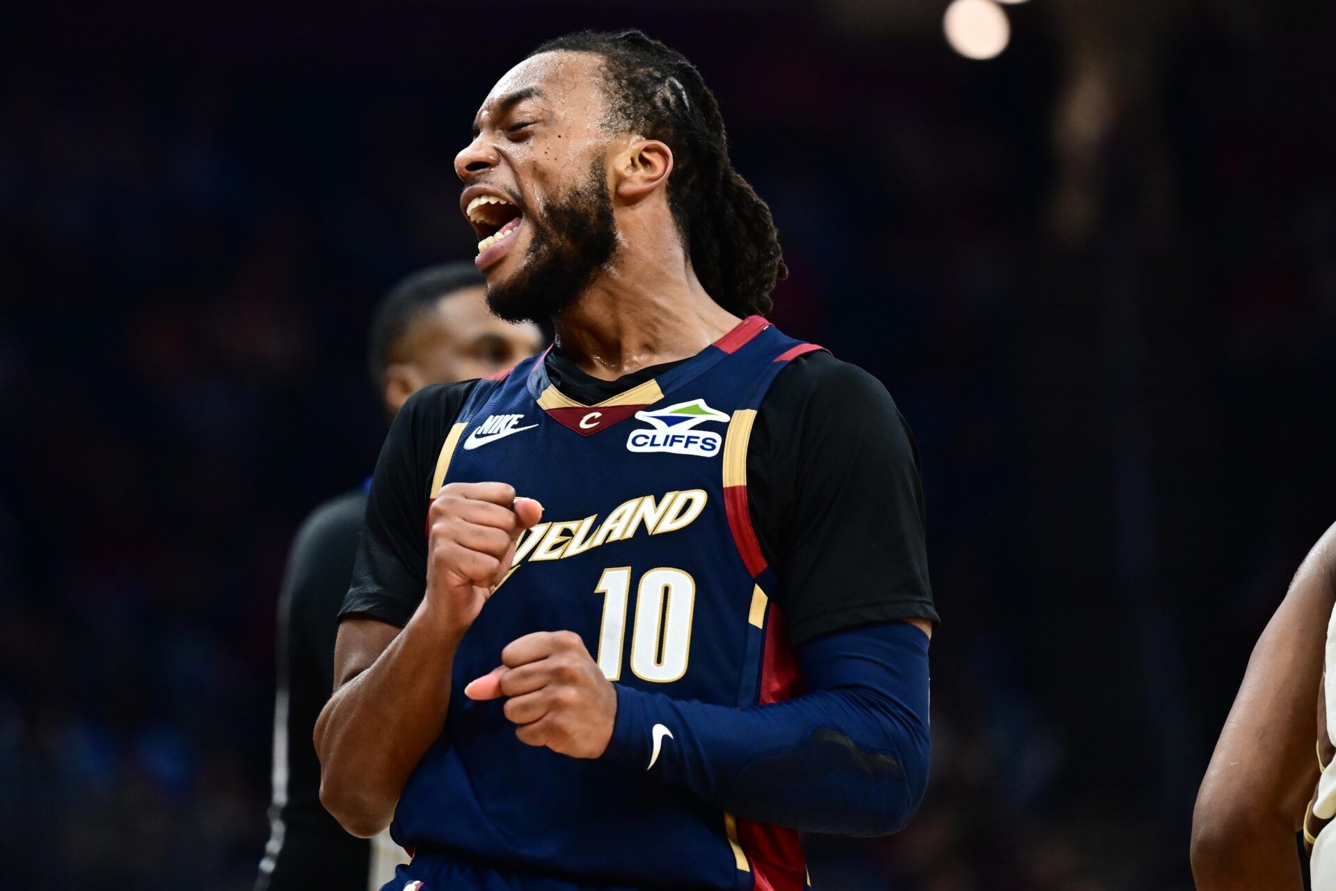 Cleveland Cavaliers guard Darius Garland (10) reacts after a misse basket against the Golden State Warriors during the first half at Rocket Arena.
