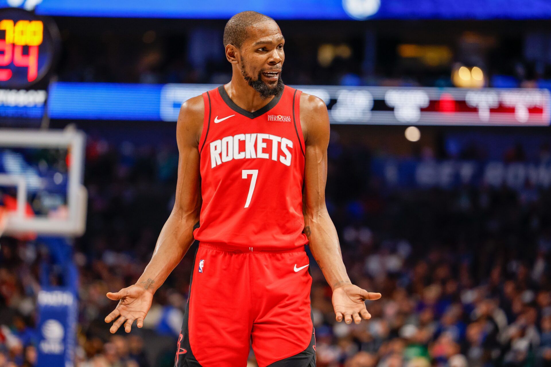 Houston Rockets forward Kevin Durant (7) reacts after a no call during the third quarter against the Dallas Mavericks at American Airlines Center.