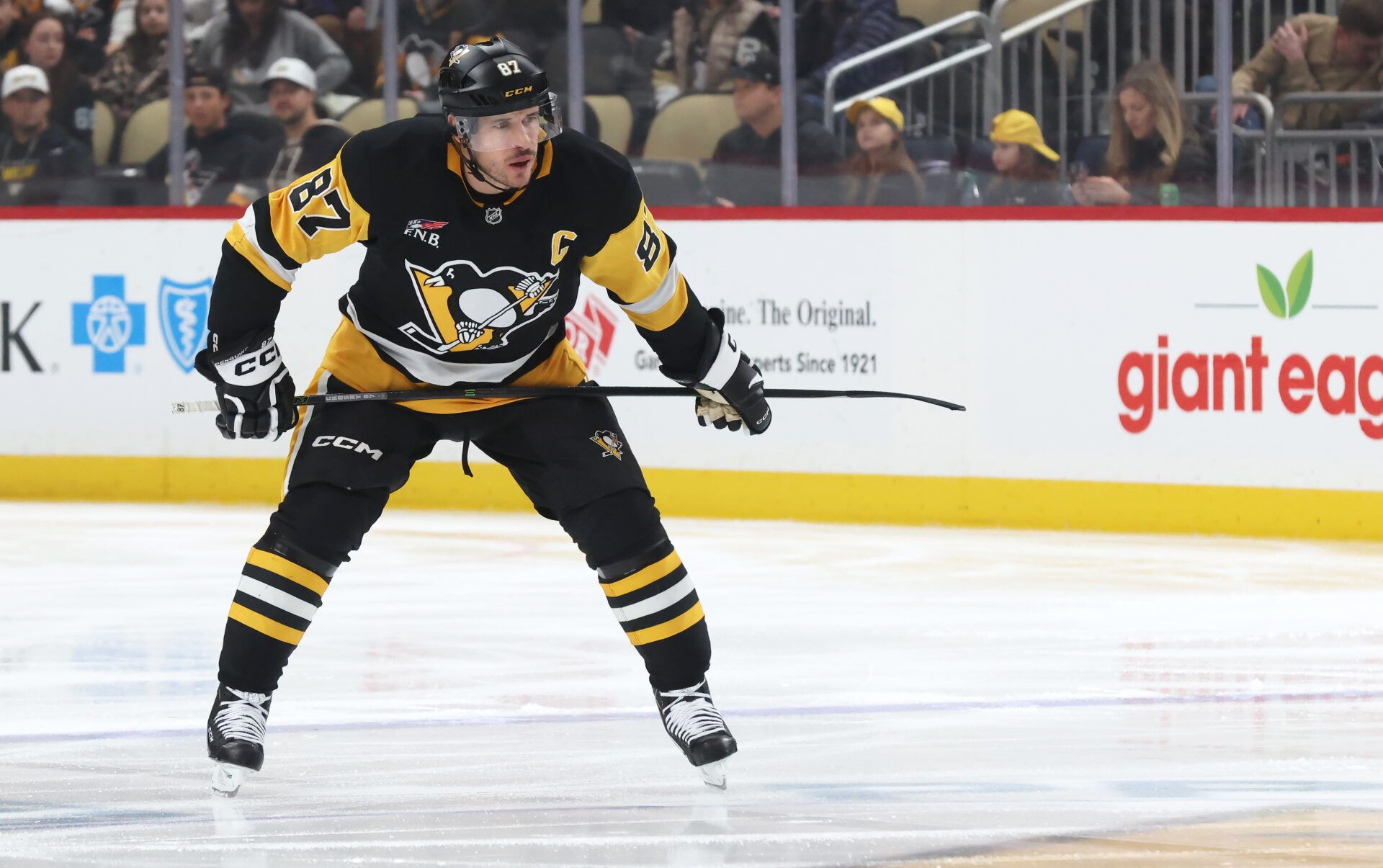 Pittsburgh Penguins center Sidney Crosby (87) prepares to take the opening face-off against the San Jose Sharks during the first period at PPG Paints Arena.
