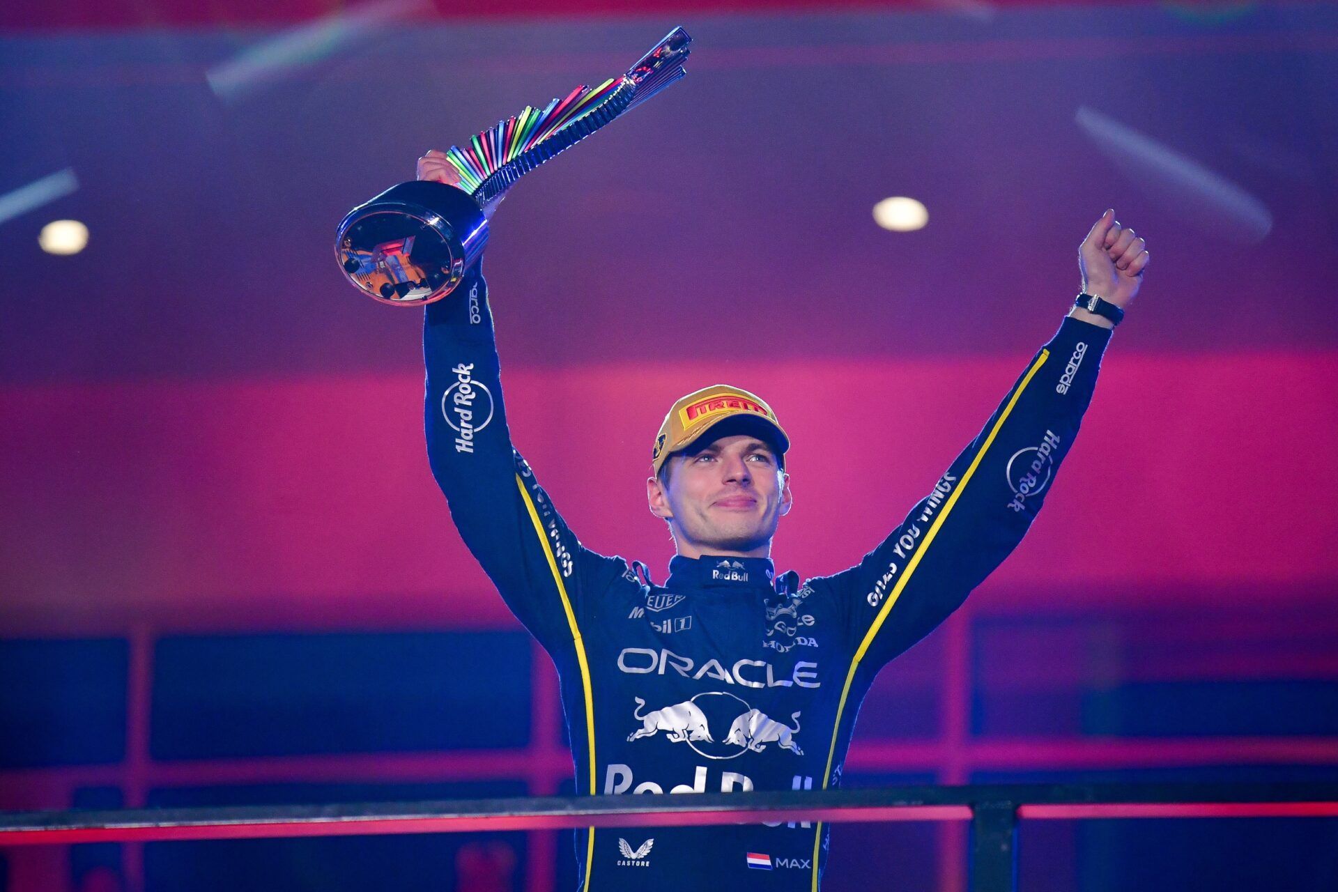 Red Bull Racing driver Max Verstappen (1) celebrates his victory of the Las Vegas Grand Prix at Las Vegas Strip Circuit.
