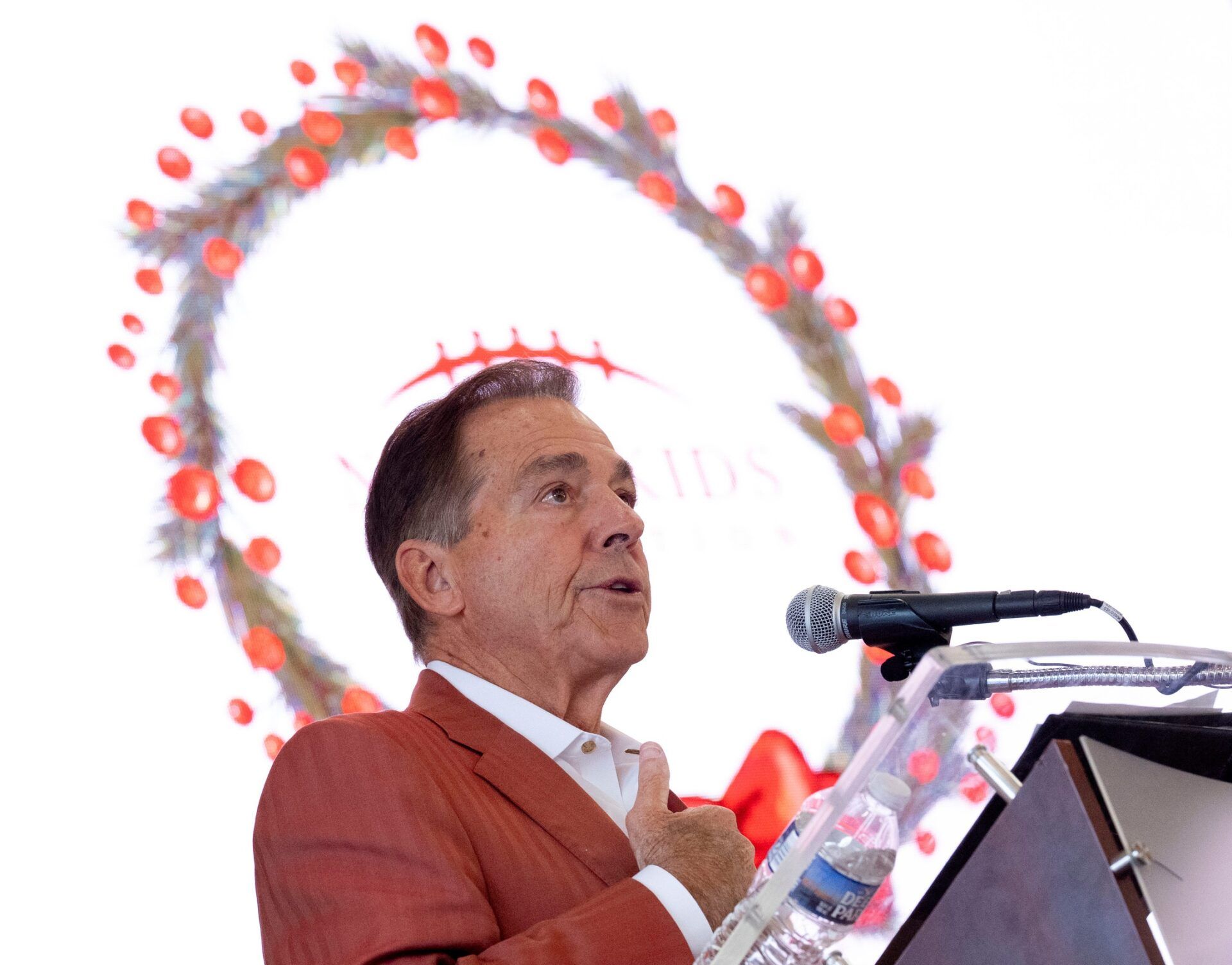Dec. 3, 2025; Tuscaloosa, Alabama, USA; The Nick’s Kids Foundation Teacher Excellence Awards Luncheon honored 70 teachers from across West Alabama at Tuscaloosa River Market. This was the 14th year for the awards luncheon. Nick Saban speaks during the luncheon.