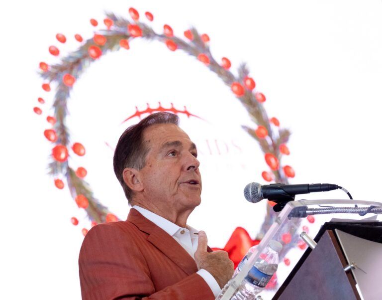 Dec. 3, 2025; Tuscaloosa, Alabama, USA; The Nick’s Kids Foundation Teacher Excellence Awards Luncheon honored 70 teachers from across West Alabama at Tuscaloosa River Market. This was the 14th year for the awards luncheon. Nick Saban speaks during the luncheon.