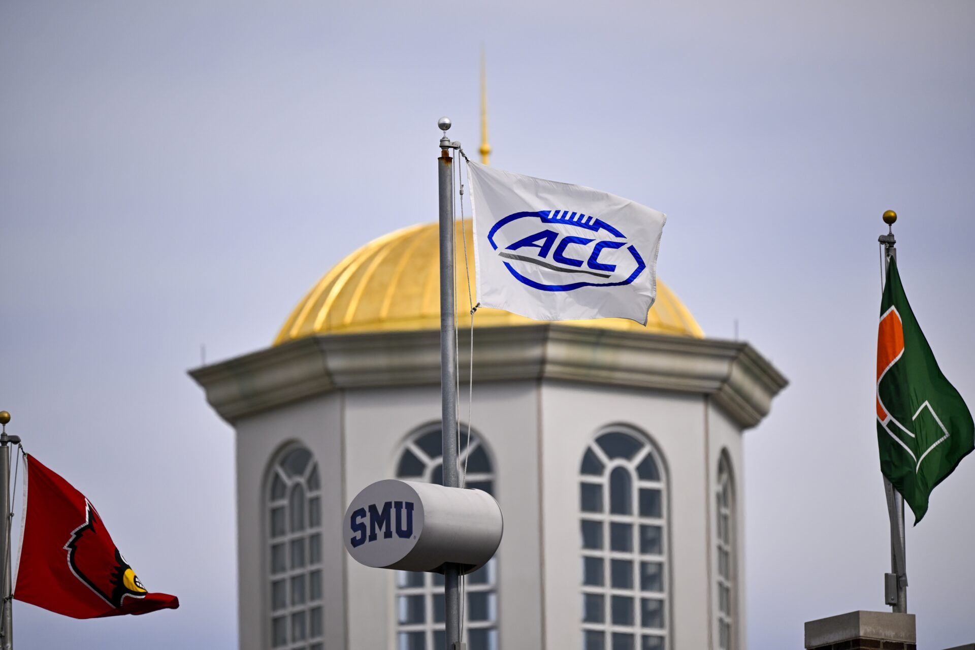 A view of the ACC logo on a flag during the game between the Mustangs and the Cardinals at Gerald J. Ford Stadium.