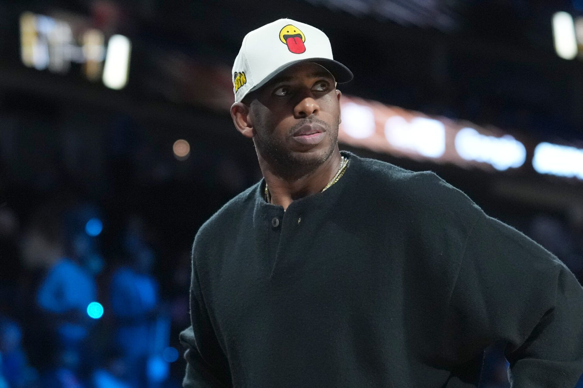 Chris Paul watches during the Emirates NBA Cup semifinals game between the San Antonio Spurs and Oklahoma City Thunder at T-Mobile Arena.