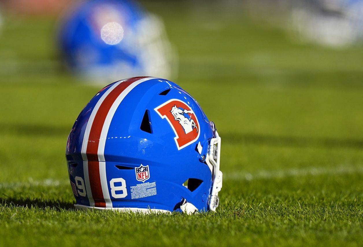 General view of the helmet worn by Denver Broncos defensive end John Franklin-Myers (98) (not pictured) before the game against the Kansas City Chiefs at Empower Field at Mile High.