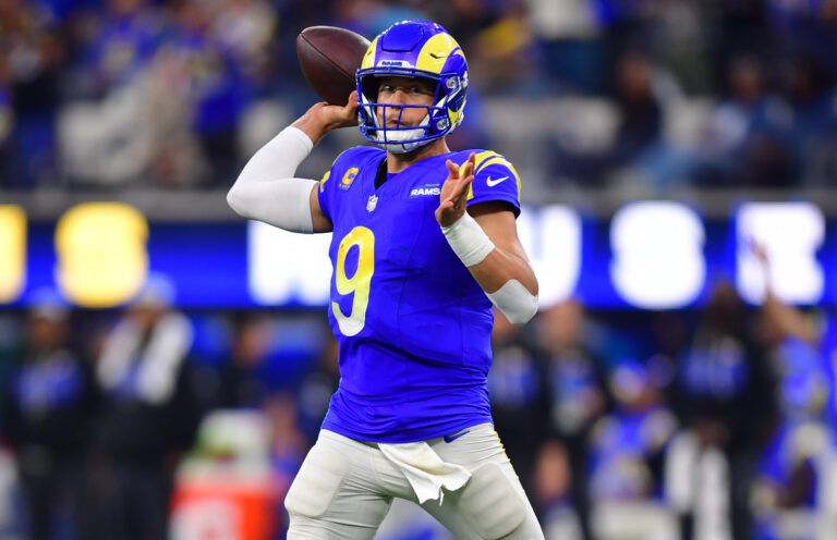 Los Angeles Rams quarterback Matthew Stafford (9) throws a pass during the fourth quarter against the Detroit Lions at SoFi Stadium.