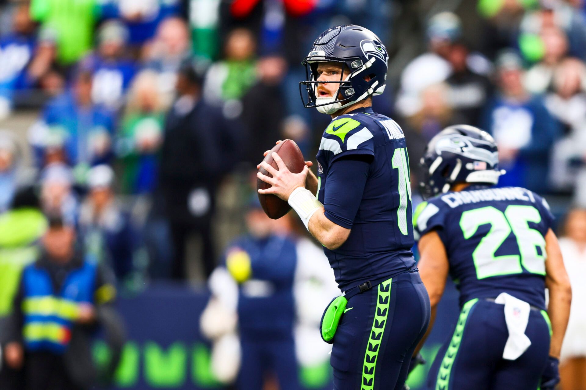 Seattle Seahawks quarterback Sam Darnold (14) looks to pass against the Indianapolis Colts during the second quarter at Lumen Field.