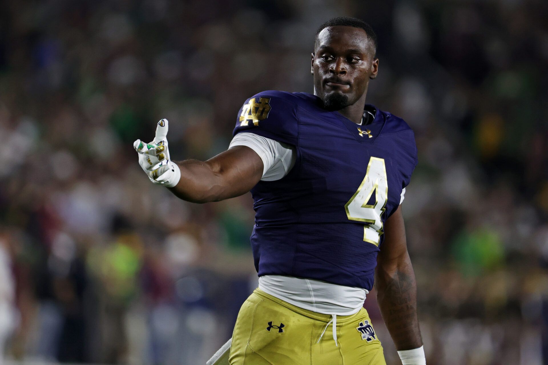Notre Dame Fighting Irish running back Jeremiyah Love (4) reacts after a play during the first half against the Texas A&M Aggies at Notre Dame Stadium.