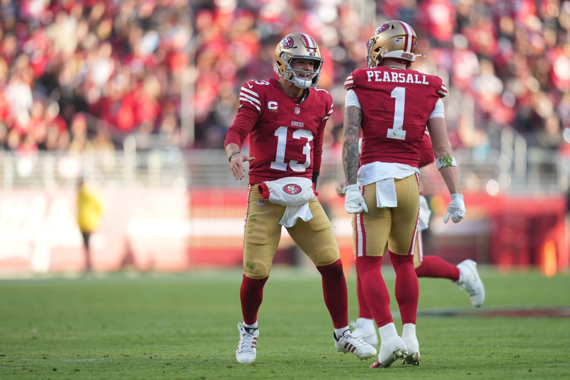 San Francisco 49ers quarterback Brock Purdy (13) reacts during the third quarter against the Tennessee Titans at Levi's Stadium.