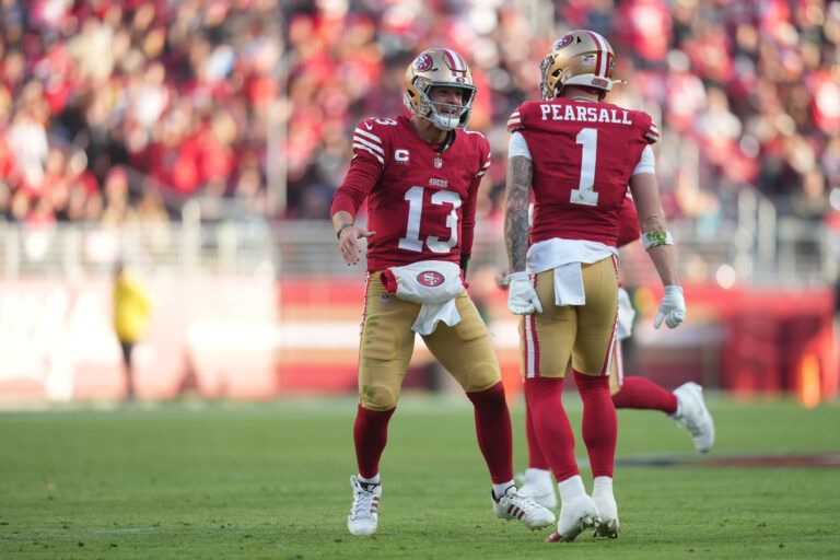 San Francisco 49ers quarterback Brock Purdy (13) reacts during the third quarter against the Tennessee Titans at Levi's Stadium.