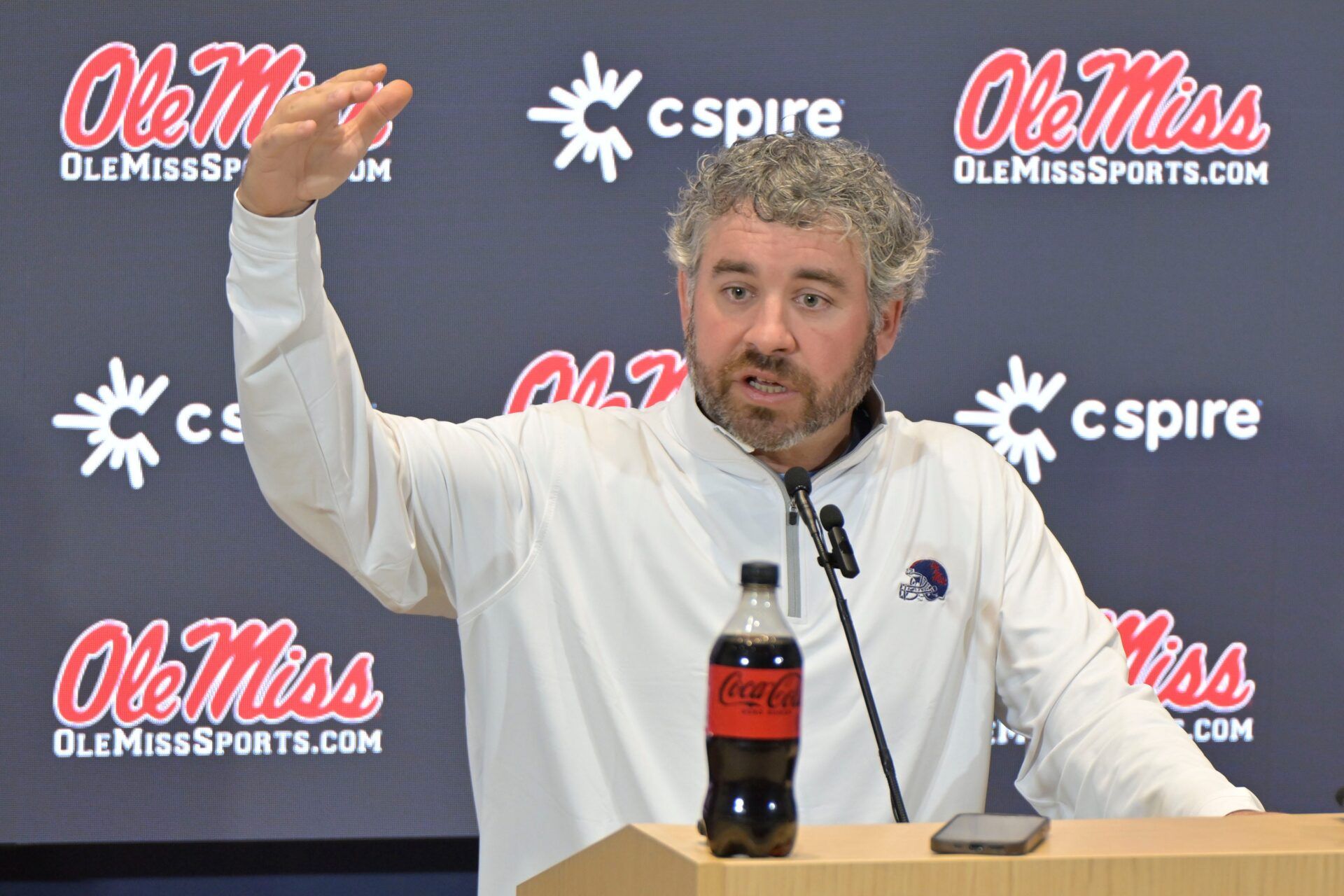 Ole Miss head football coach Pete Golding speaks at a press conference at the Manning Center at the University of Mississippi in Oxford, Miss. on Thursday, December 11, 2025.