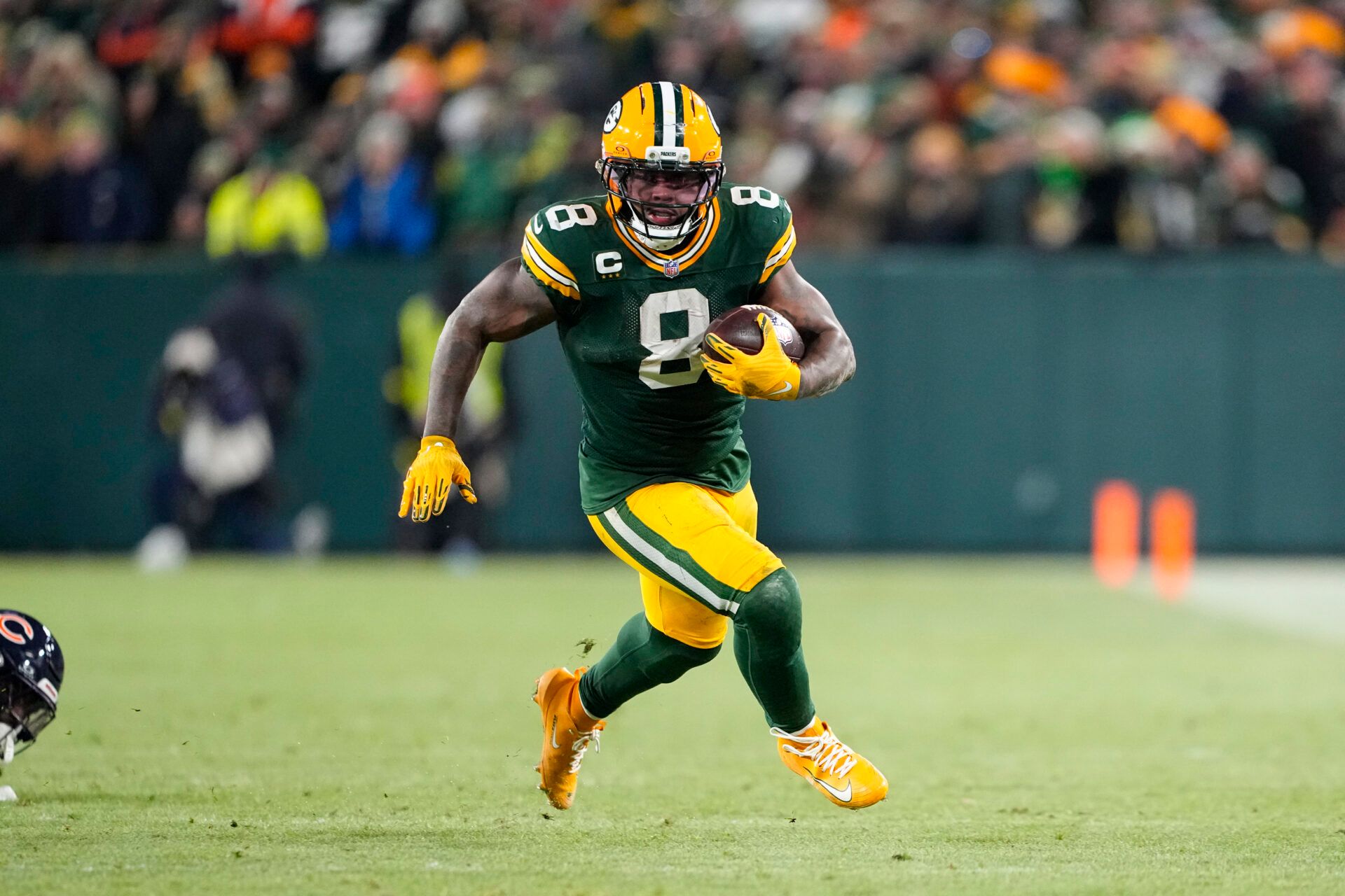 Green Bay Packers running back Josh Jacobs (8) during the game against the Chicago Bears at Lambeau Field.