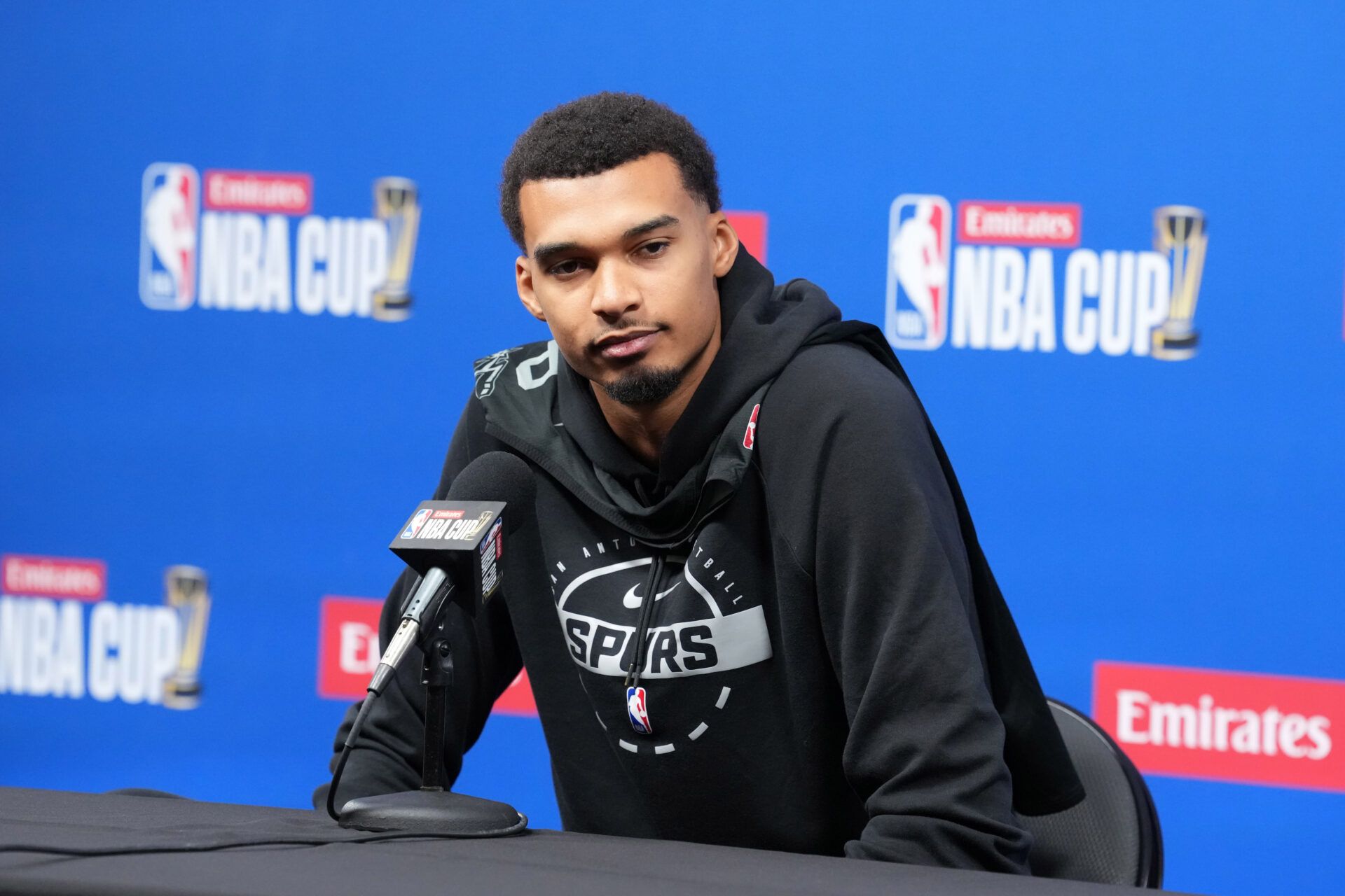 San Antonio Spurs forward Victor Wembanyama (1) at press conference prior to the Emirates NBA Cup championship at the T-Mobile Arena.