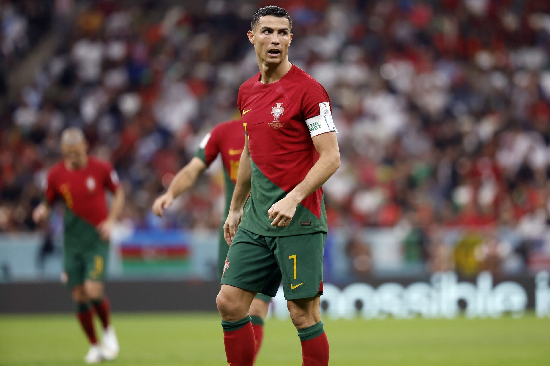 Portugal forward Cristiano Ronaldo (7) against Uruguay during the second half of the group stage match in the 2022 World Cup at Lusail Stadium.