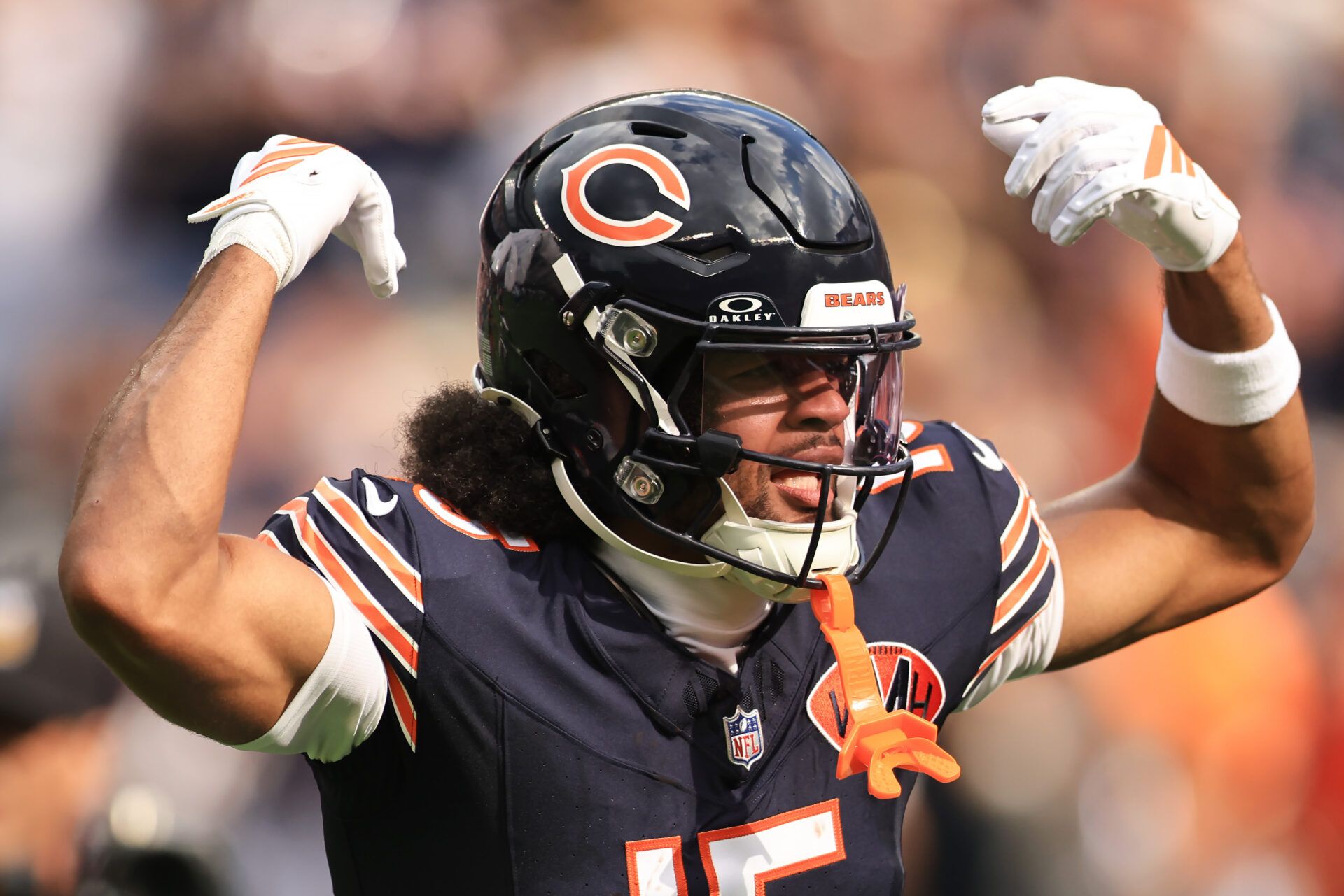 CHICAGO, ILLINOIS - SEPTEMBER 21: Rome Odunze #15 of the Chicago Bears celebrates after scoring a touchdown against the Dallas Cowboys during the first quarter at Soldier Field on September 21, 2025 in Chicago, Illinois. (Photo by Geoff Stellfox/Getty Images)