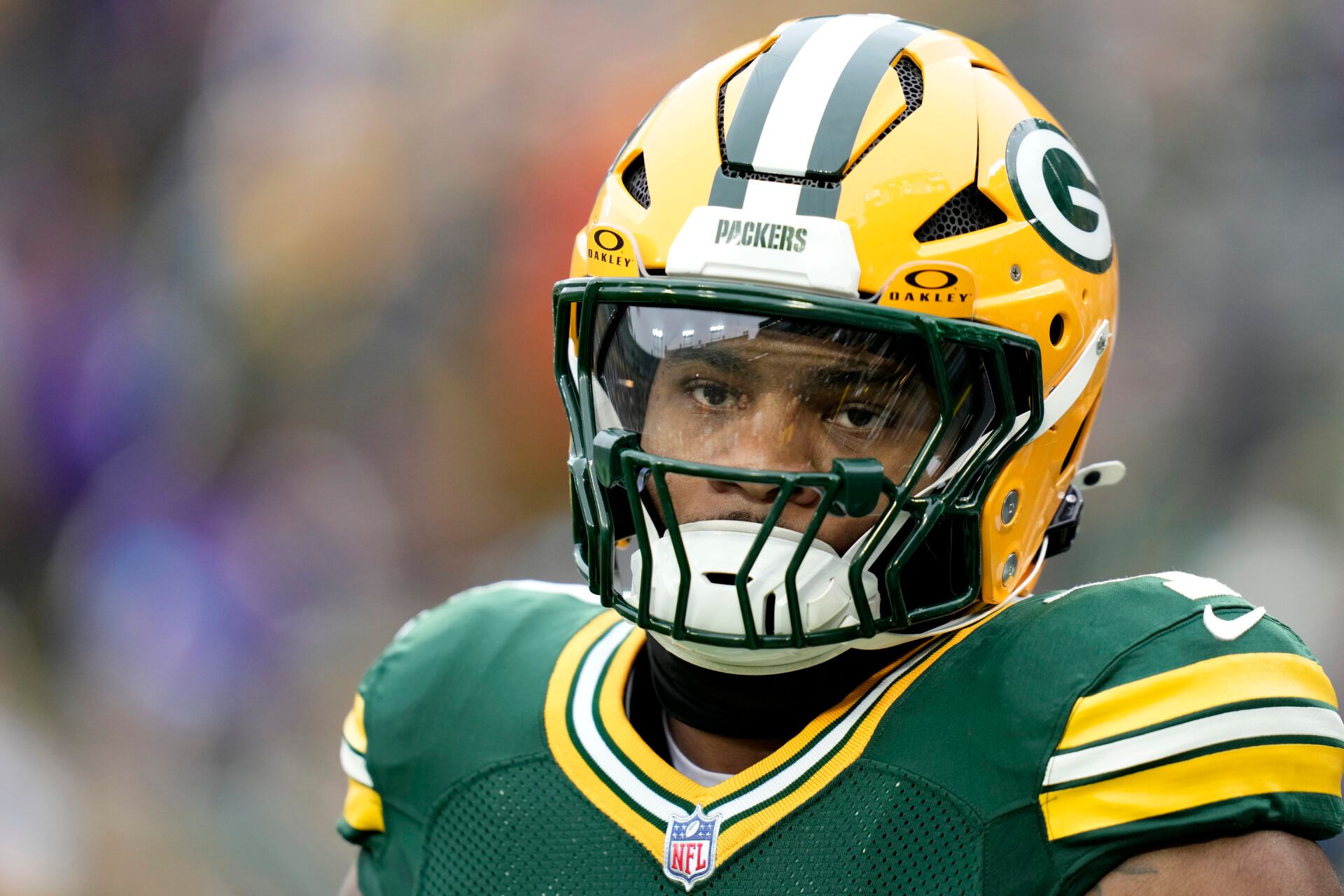 GREEN BAY, WISCONSIN - NOVEMBER 23: Micah Parsons #1 of the Green Bay Packers warms up prior to a game against the Minnesota Vikings at Lambeau Field on November 23, 2025 in Green Bay, Wisconsin. (Photo by John Fisher/Getty Images)