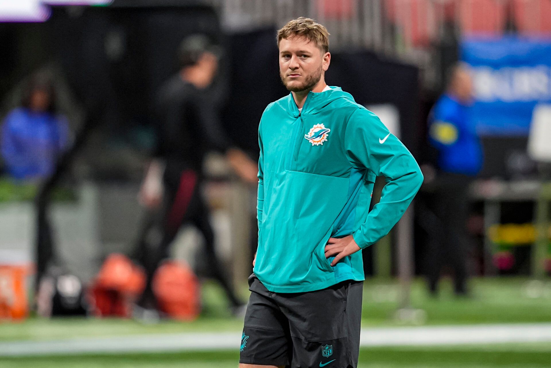 Miami Dolphins quarterback Quinn Ewers (14) on the field before the game against the Atlanta Falcons at Mercedes-Benz Stadium.