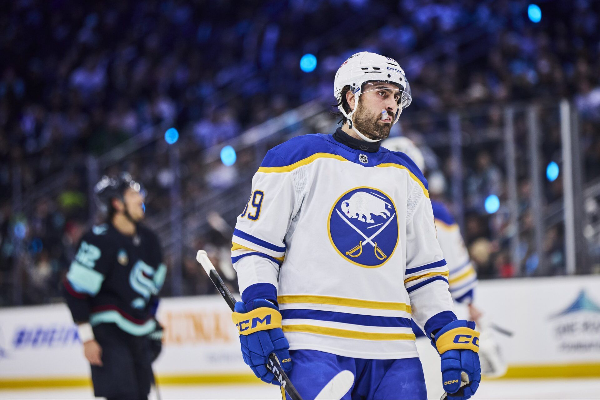 Buffalo Sabres right wing Alex Tuch (89) looks on during the second period against the Seattle Kraken at Climate Pledge Arena.
