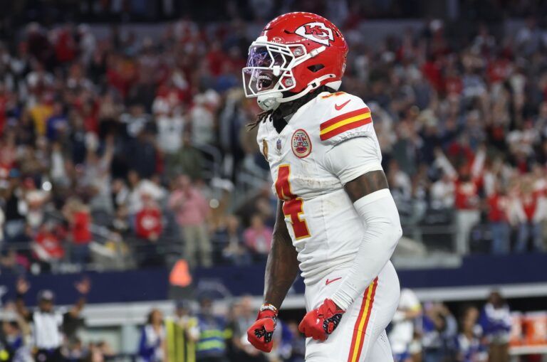 Kansas City Chiefs wide receiver Rashee Rice (4) celebrates after a touchdown against the Dallas Cowboys during the fourth quarter at AT&T Stadium.