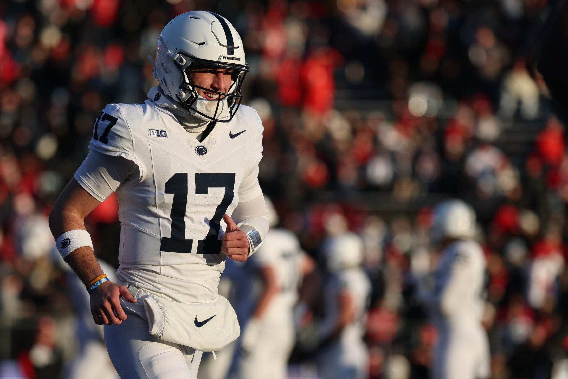Penn State Nittany Lions quarterback Ethan Grunkemeyer (17) celebrates after a touchdown pass during the first half against the Rutgers Scarlet Knights at SHI Stadium.
