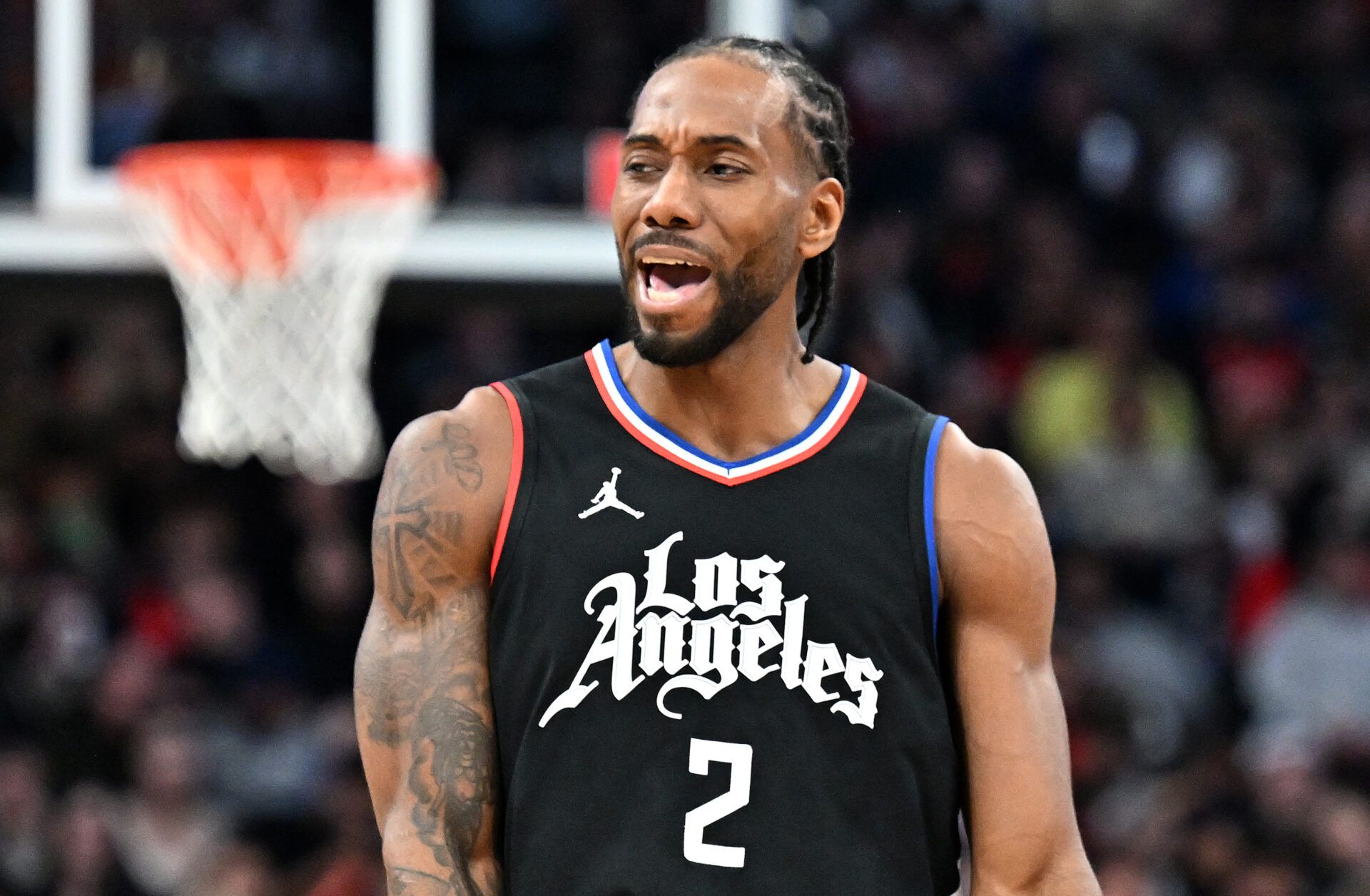 Los Angeles Clippers forward Kawhi Leonard (2) reacts to an official's call in the second half against the Toronto Raptors at Scotiabank Arena.