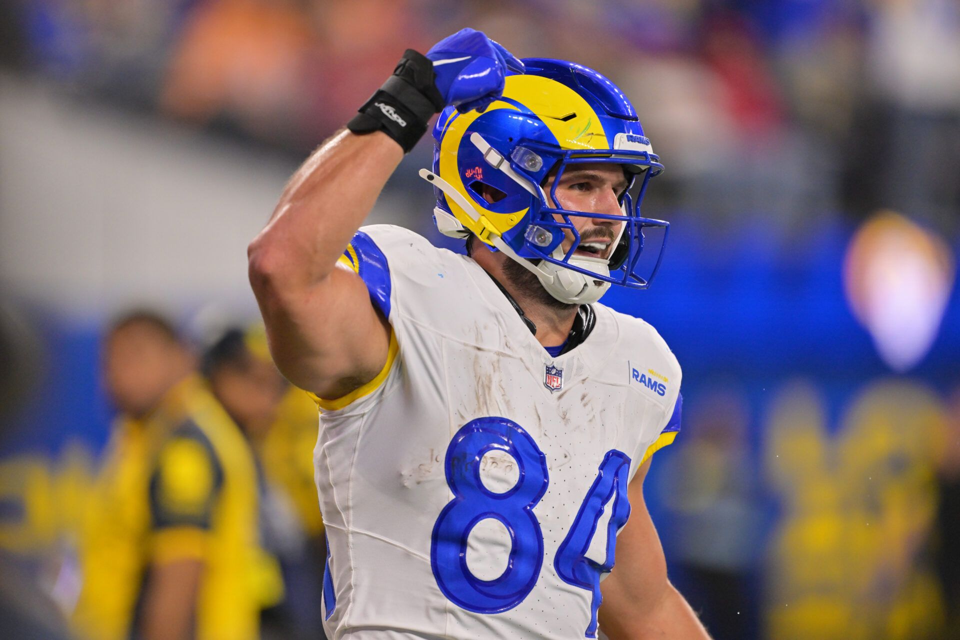 Los Angeles Rams tight end Colby Parkinson (84) reacts after catching a touchdown pass thrown by quarterback Matthew Stafford (not pictured) against the Tampa Bay Buccaneers during the second quarter at SoFi Stadium.