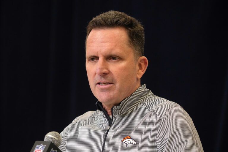 Denver Broncos general manager George Paton speaks during the NFL Scouting Combine at the Indiana Convention Center.