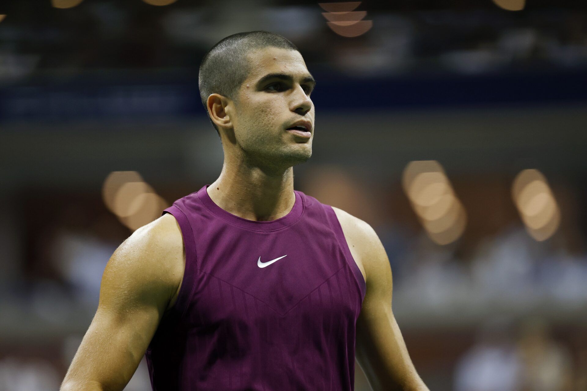 Carlos Alcaraz (ESP) looks on from the court against Reilly Opelka (USA)(not pictured) on day two of the 2025 U.S. Open tennis tournament at the USTA Billie Jean King National Tennis Center.