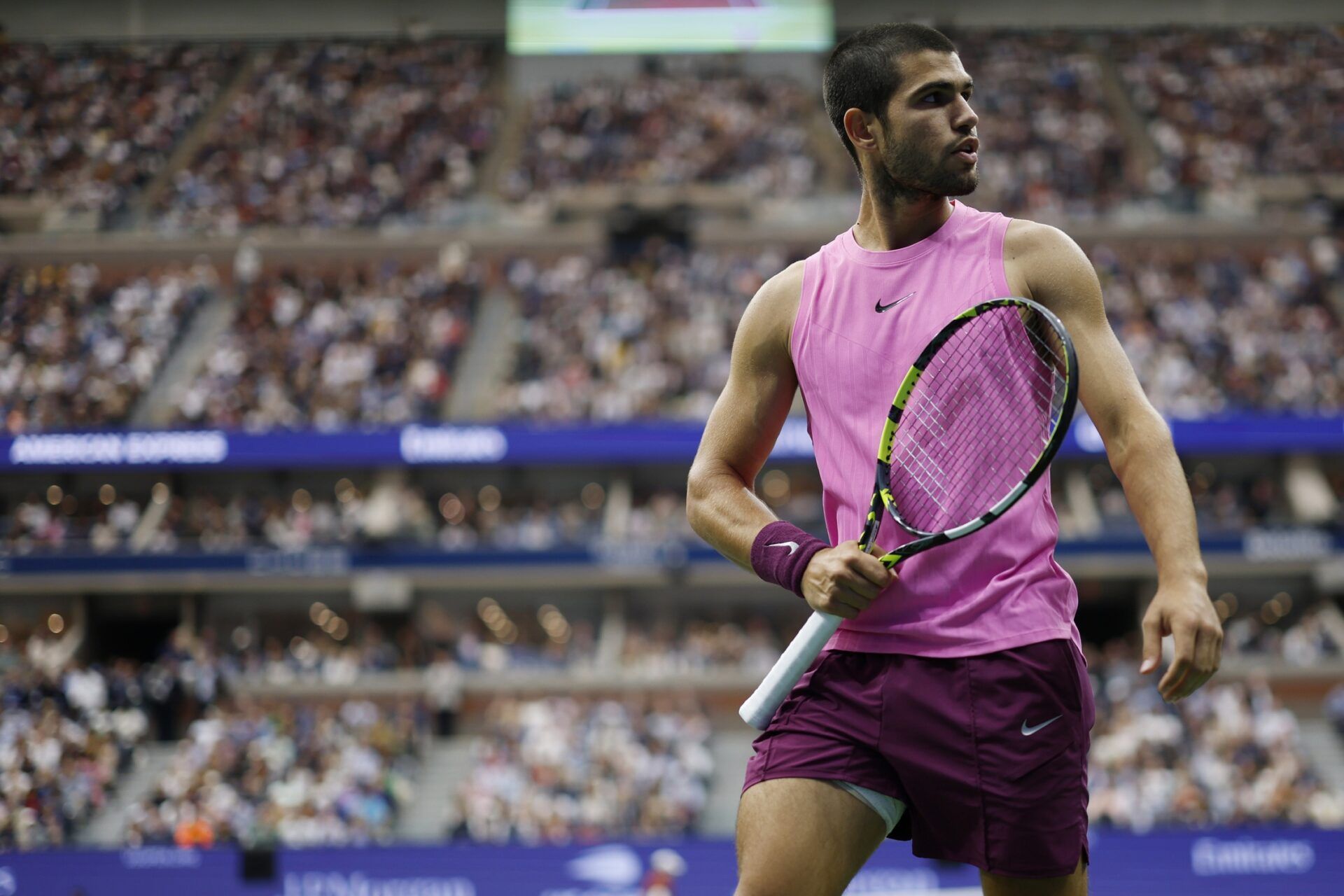 Carlos Alcaraz (ESP) reacts after winning a point against Jannik Sinner (ITA) (not pictured) in the men's singles final of the 2025 US Open tennis championships at USTA Billie Jean King National Tennis Center.