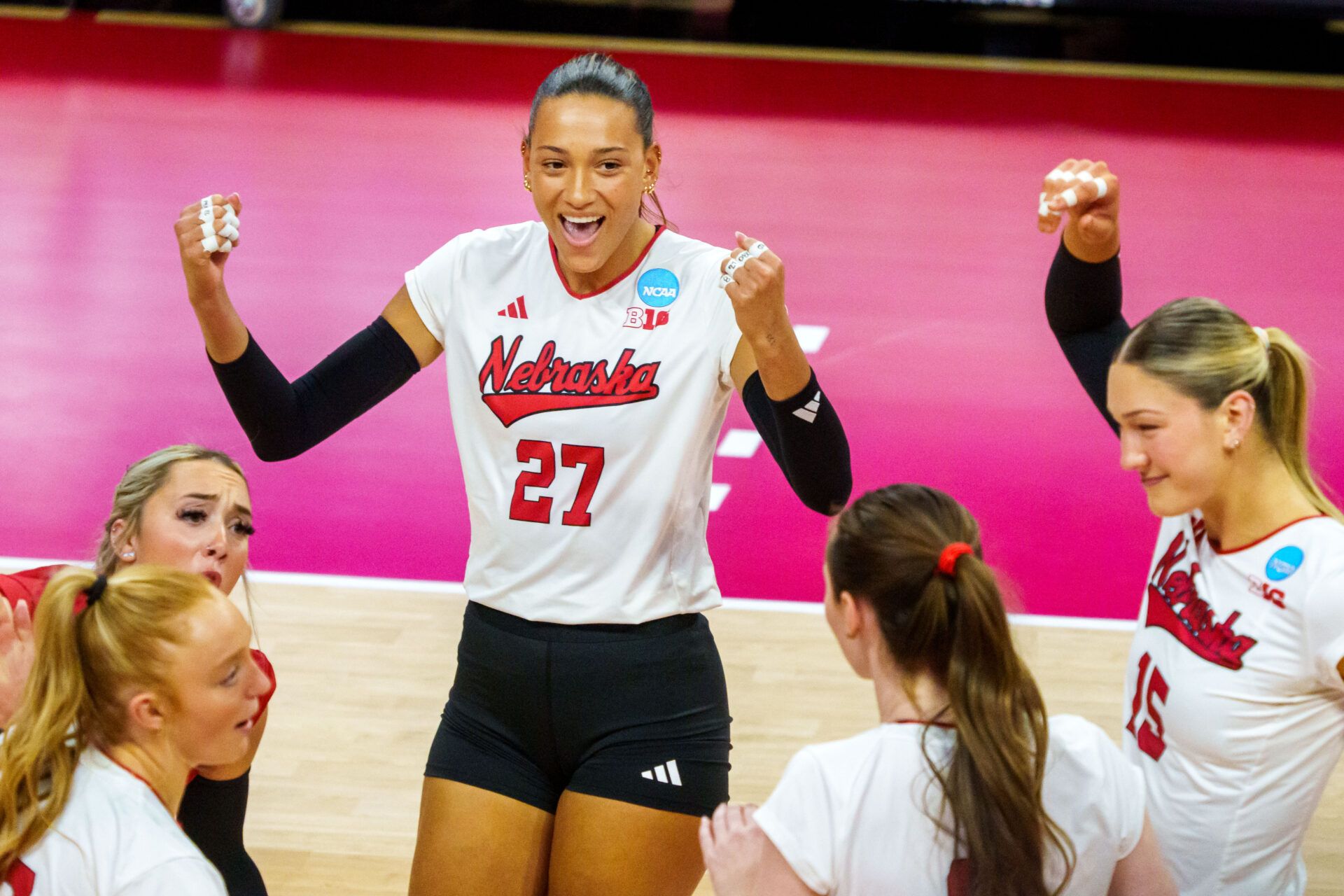 Nebraska Cornhuskers outside hitter Harper Murray (27) celebrates after a point against the Kansas Jayhawks during the first set at Bob Devaney Sports Center.