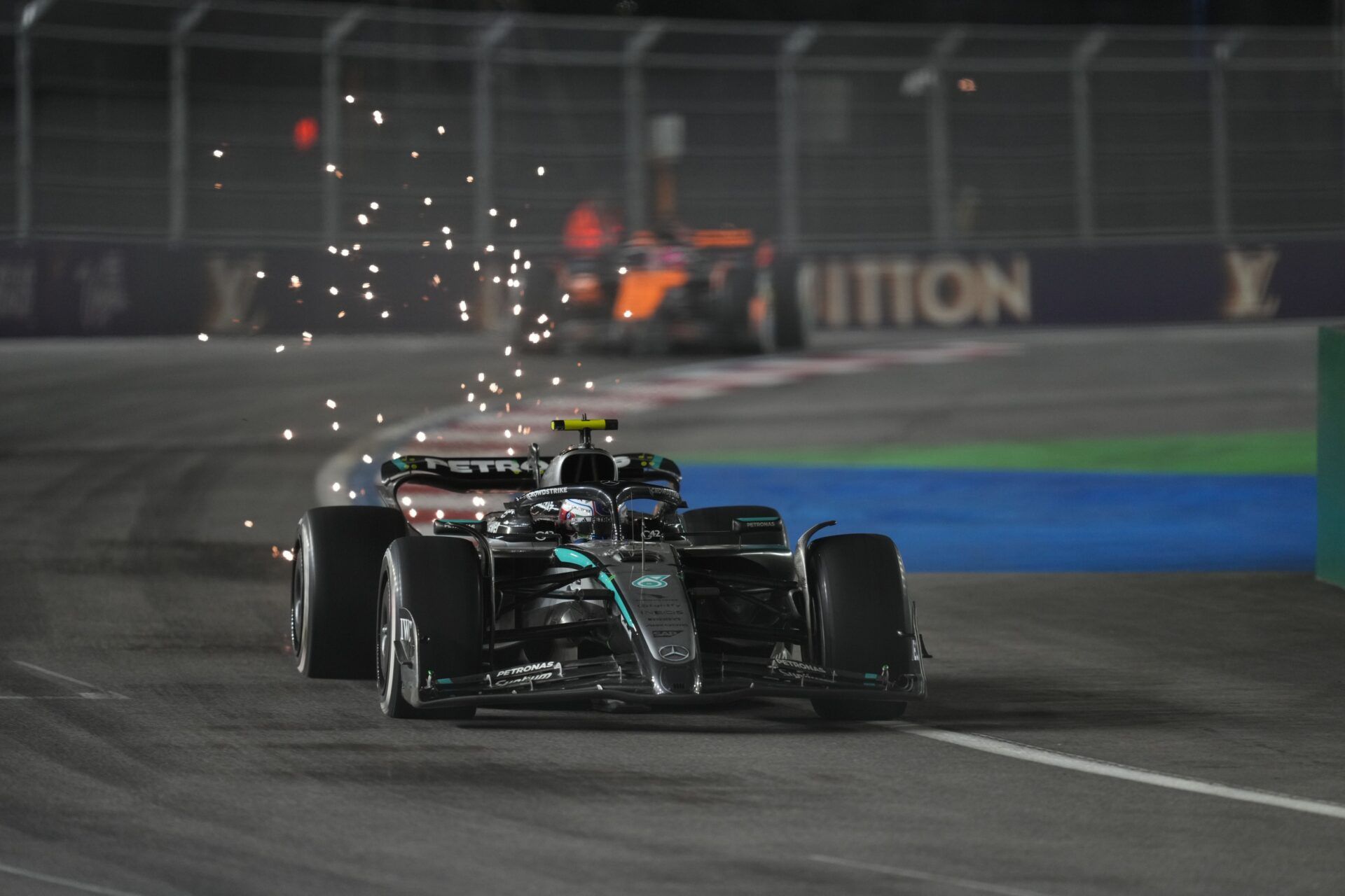 Mercedes driver Andrea Kimi Antonelli (12) drives during the Las Vegas Grand Prix at the Las Vegas Strip Circuit.