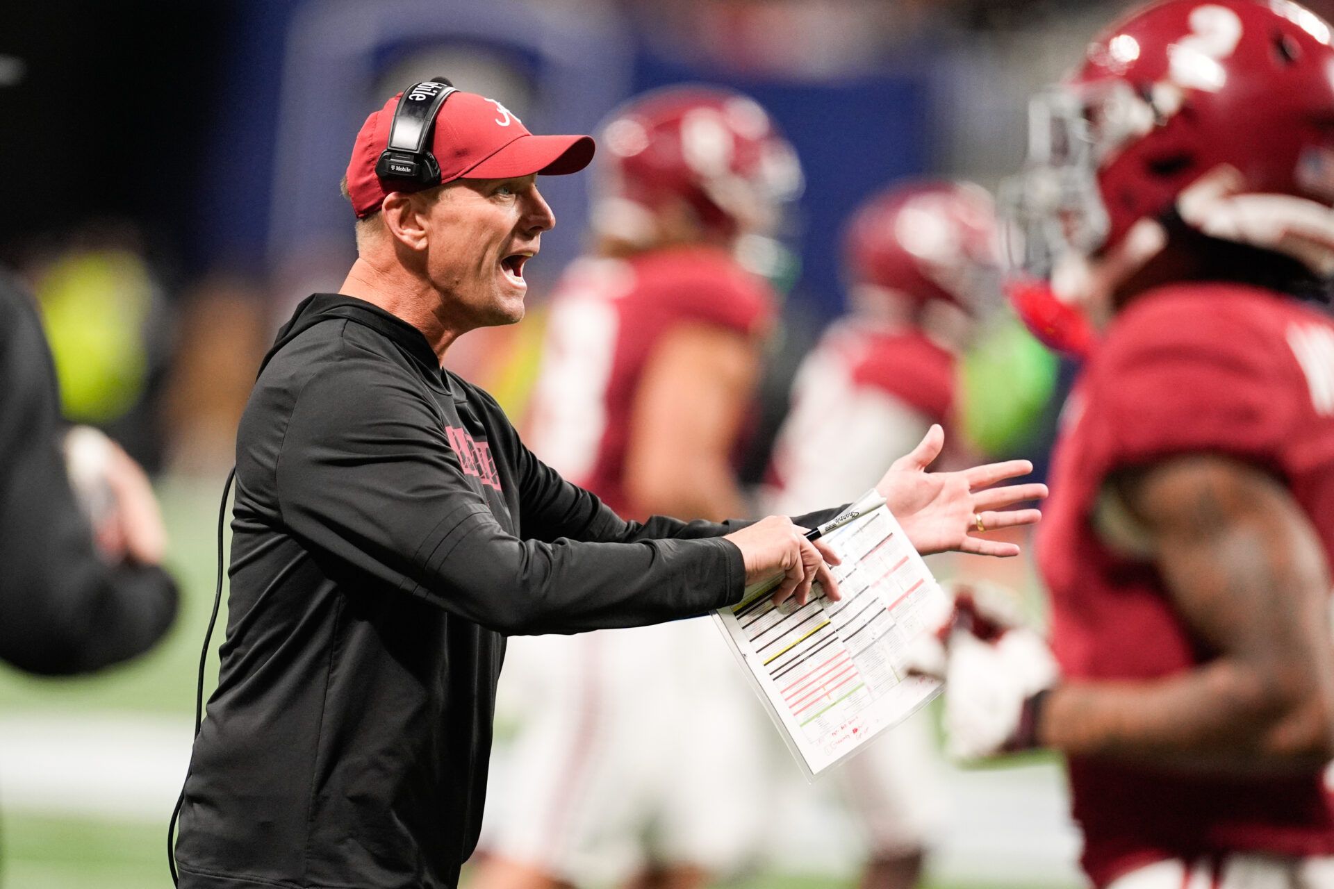 Alabama Crimson Tide head coach Kalen Deboer reacts during the fourth quarter against the Georgia Bulldogs during the 2025 SEC Championship game at Mercedes-Benz Stadium.