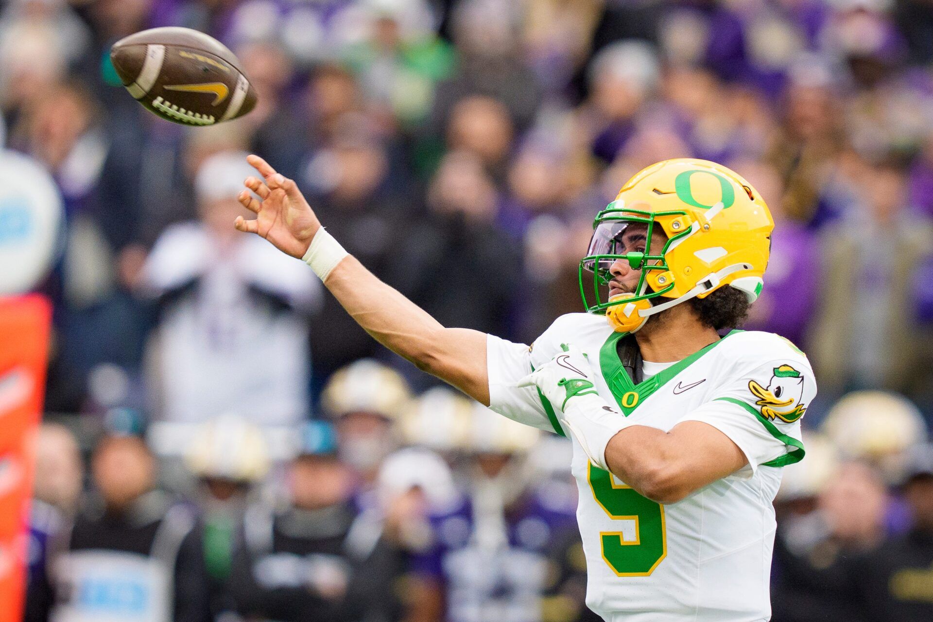 Oregon quarterback Dante Moore throws a pass as the Oregon Ducks take on the Washington Huskies on Nov. 29, 2025, at Husky Stadium in Seattle, Washington.