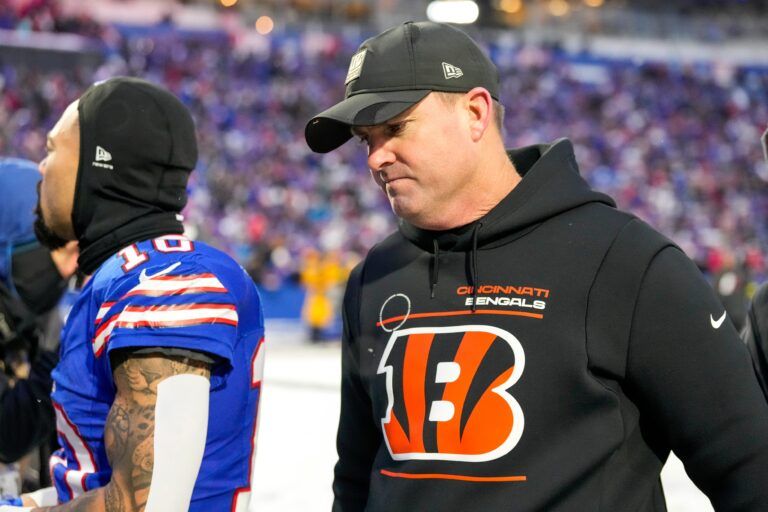 Cincinnati Bengals head coach Zac Taylor heads for the locker room after the fourth quarter of the NFL Week 14 game between the Buffalo Bills and the Cincinnati Bengals at Highmark Stadium in Orchard Park, N.Y., on Sunday, Dec. 7, 2025. The Bills overcame a halftime deficit to win 39-34.