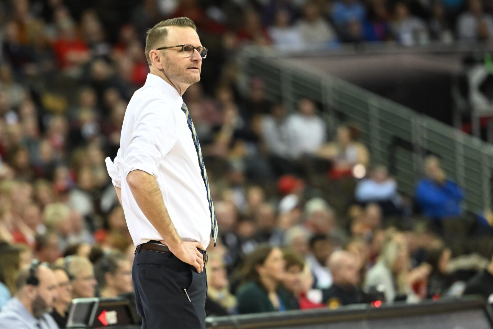 Pittsburg Panthers head coach Dan Fisher watches action against the Louisville Cardinals in the semi-final match at CHI Health Center.