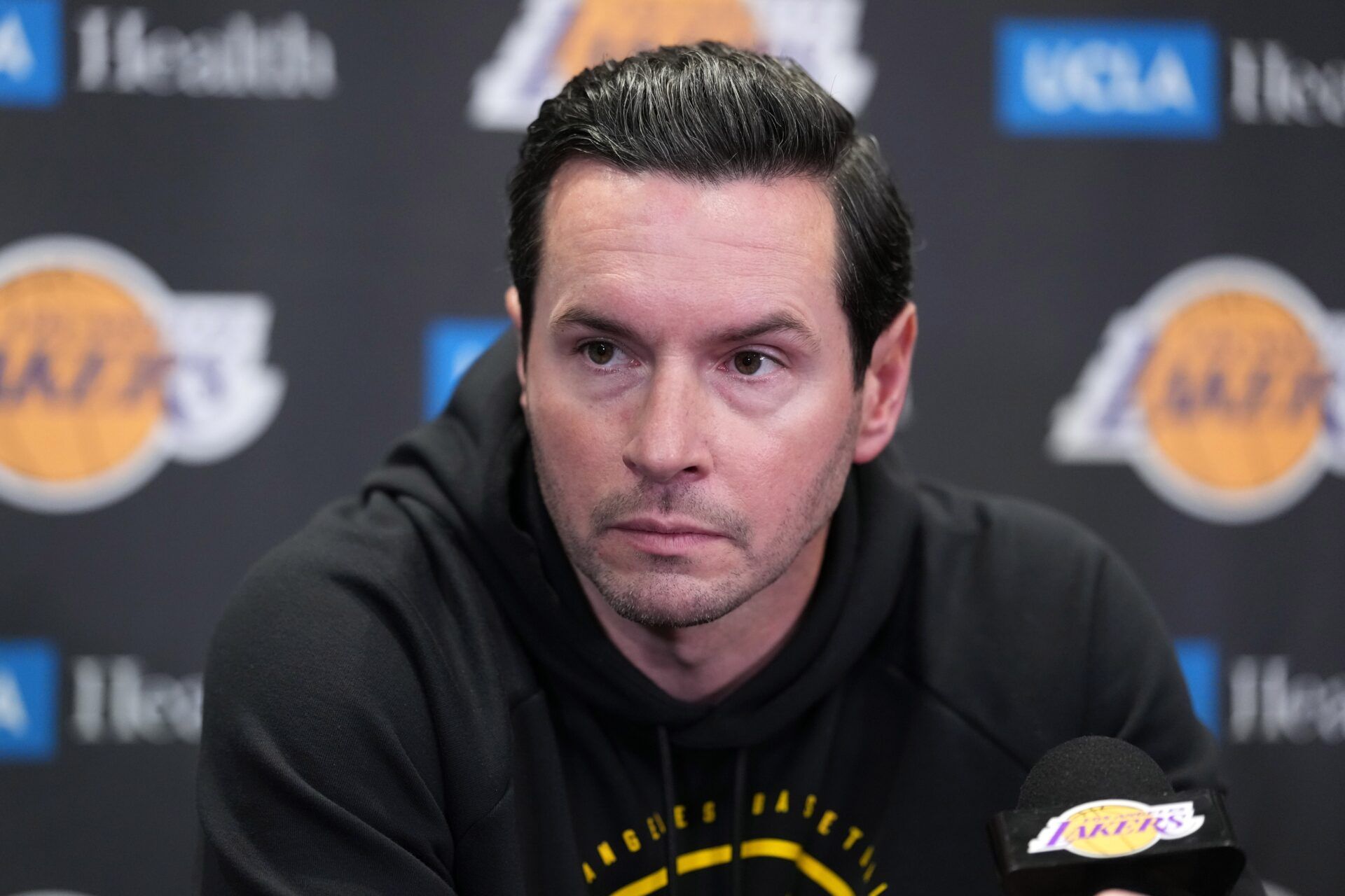 Los Angeles Lakers head coach JJ Redick at press conference at Crypto.com Arena.
