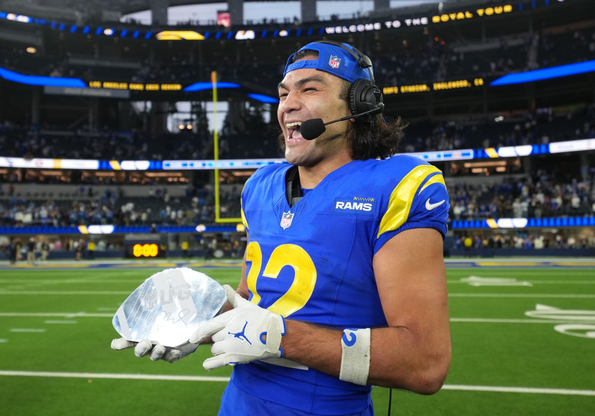 Los Angeles Rams wide receiver Puka Nacua (12) celebrates after defeating the Detroit Lions at SoFi Stadium.