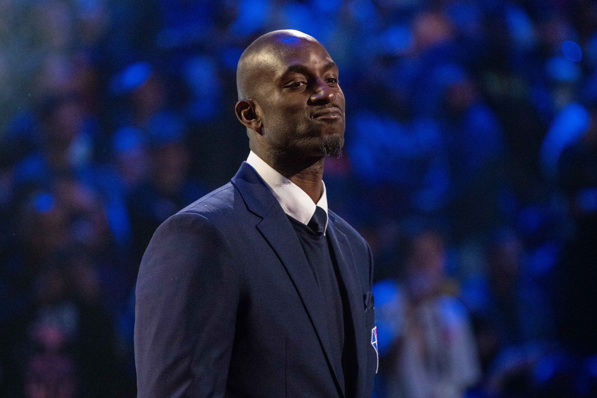 NBA great Kevin Garnett is honored for being selected to the NBA 75th Anniversary Team during halftime in the 2022 NBA All-Star Game at Rocket Mortgage FieldHouse.
