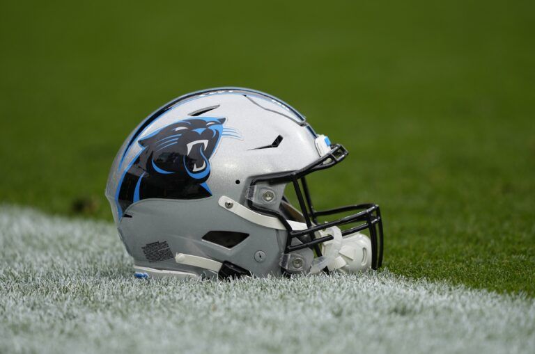 Carolina Panthers helmet before a game against the Green Bay Packers at Lambeau Field.