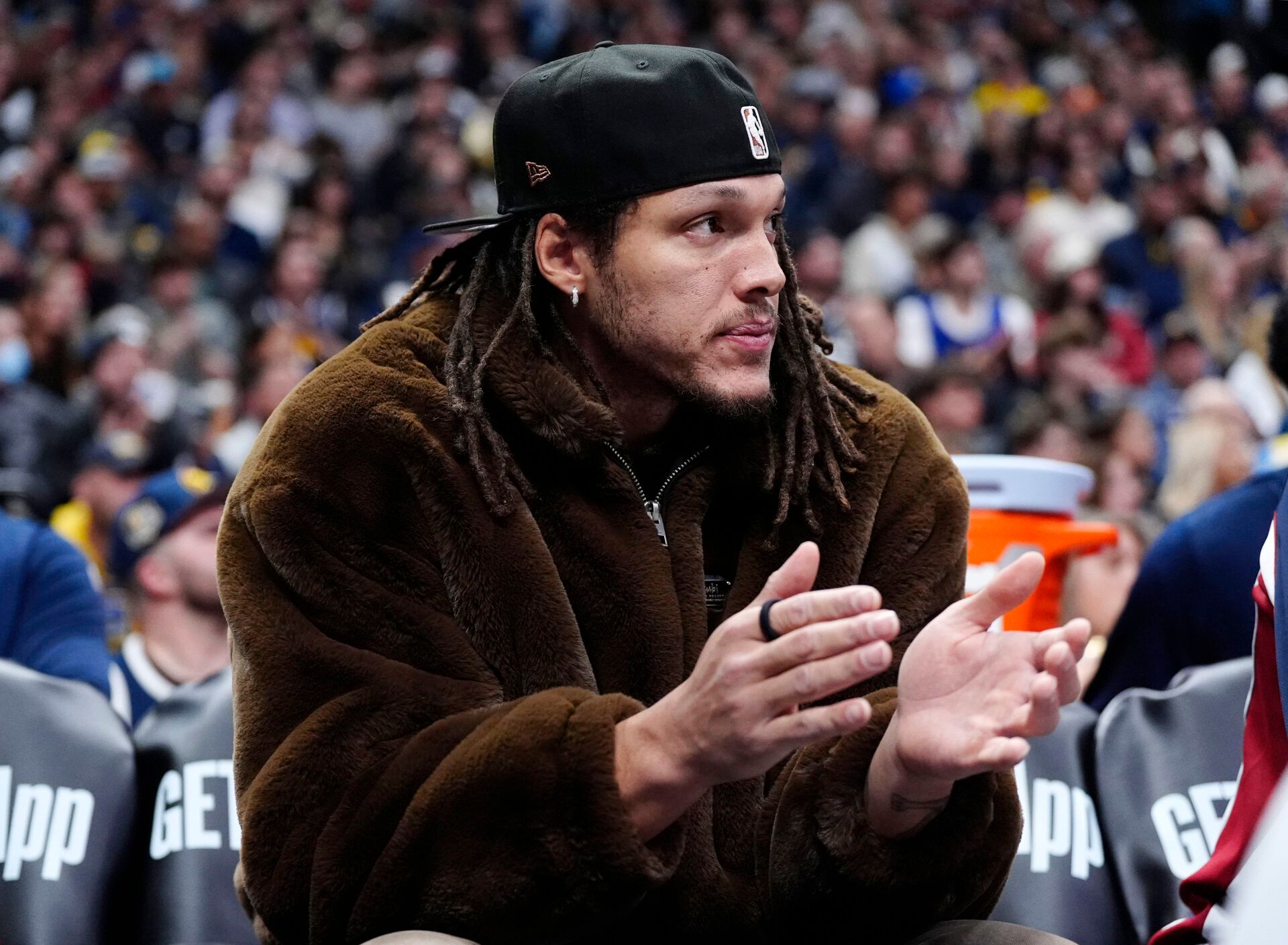 Denver Nuggets forward Aaron Gordon (50 on the bench during the second quarter against the Houston Rockets at Ball Arena.